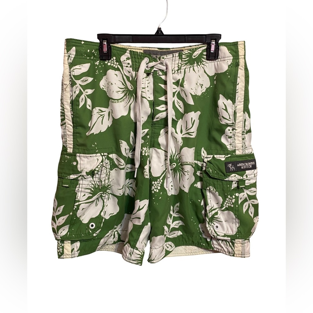 Abercrombie & Fitch Board Shorts Mens 34 Green Floral Swim Hawaiian Cargo Y2K‎